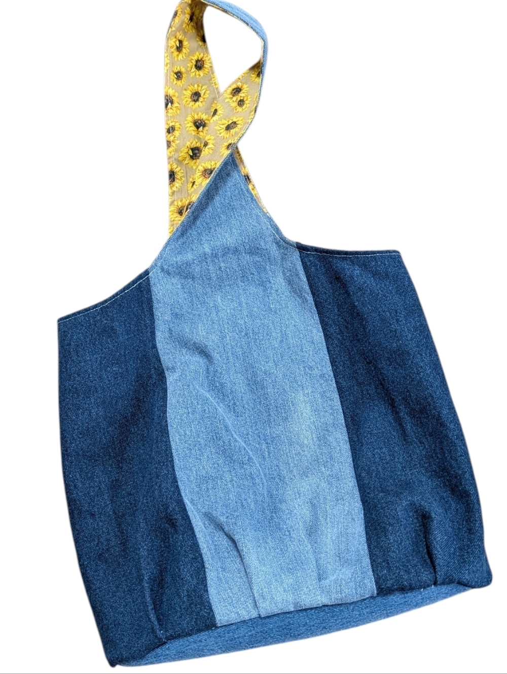 Denim Color Block Handmade Hobo Bag With Sunflower Pattern Lining.